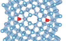 Graphische Darstellung der atomaren Struktur einer Korngrenze in Titannitrid mit Bor (rote Atome) als Segregationselement